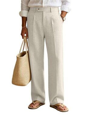 Mens Linen Pleated Baggy Wide Leg Dress Pants with Drawstring Office Trousers